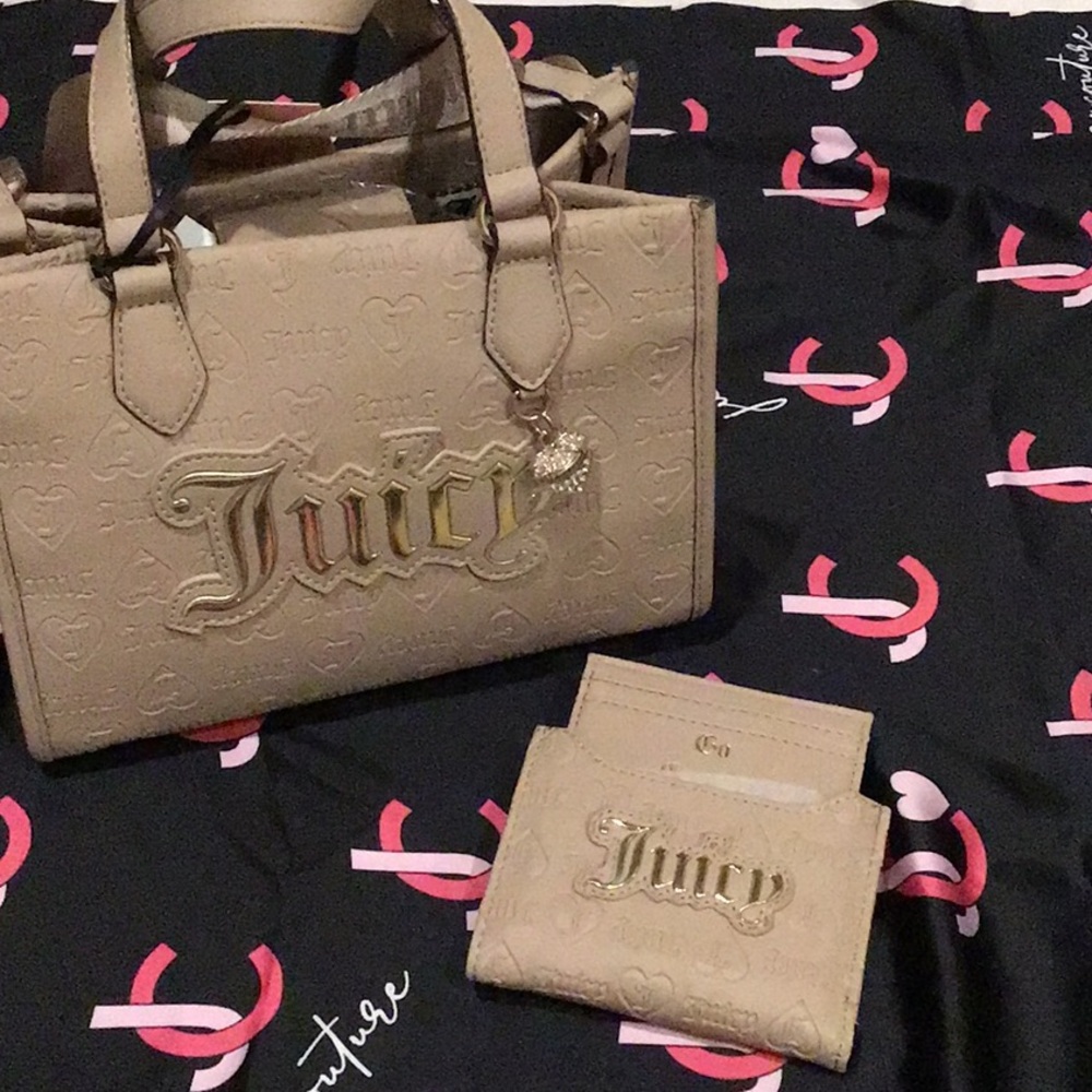 Juicy Couture upgrade U mini cafe tan tote set bifold wallet card holder